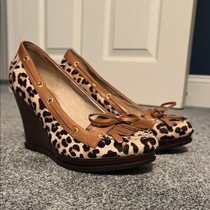Sperry Leopard Print Wedge Shoes with Brown Accents